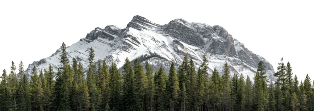 A picturesque landscape of snow-capped mountains rising above a lush forest of evergreen trees - Powered by Adobe