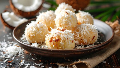 Round coconut treats on dark plate