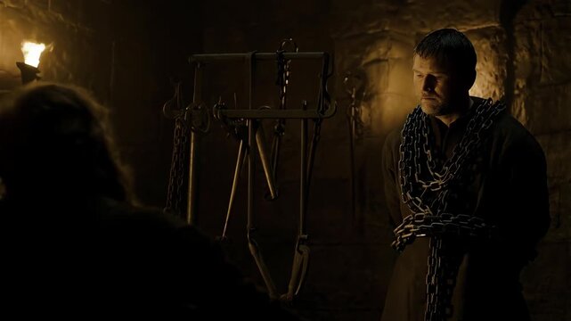 Man stands chained in dark dungeon of medieval castle. Prisoner is near cold stone wall in historical setting, concept of captivity and punishment in Middle Ages. Historical scene.