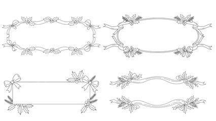 Fototapeta premium Holiday ribbon frame with holly leaves, berries, and bows, clean line art