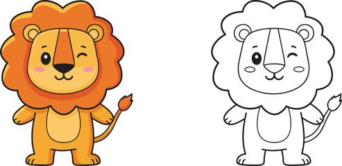 Cartoon lion character with fluffy mane, cheerful jungle animal in color and black-and-white outline version, kids coloring book page vector