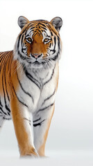 Obraz premium A majestic Bengal tiger standing against a white background, staring directly ahead. 