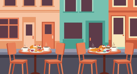 Obraz premium Cafe tables with food and drinks ready for customers to enjoy.