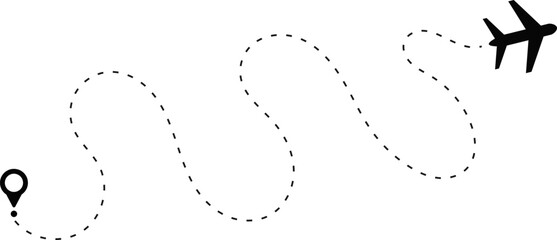 airplane Route icon dotted line with location symbol. Travel from start point to destination. flying plane with twisted. Dotted line route with location pin
