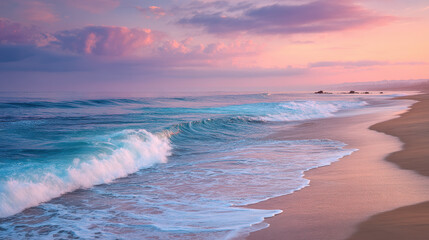The ocean is calm and the sky is a beautiful pink color