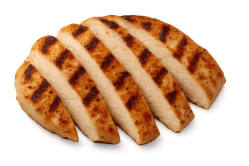 Grilled chicken breast cut into slices, showing texture, perfect for healthy eating and diet concepts on transparent background