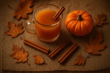 Glass of pumpkin drink with cinnamon sticks and autumn leaves on burlap fabric, cozy fall composition.