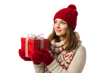 Woman in winter attire holding a red gift box isolated on transparent background