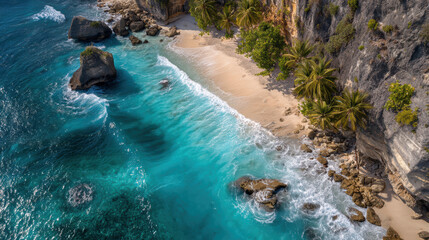 Beautiful beach with a rocky shoreline and palm trees