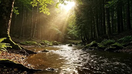 Sunbeams illuminate a serene forest stream flowing through lush green trees