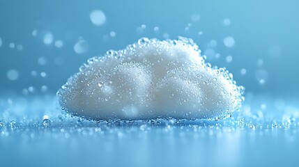 Fluffy white cloud hovering above reflective blue surface with splashing droplets blending atmospheric motion and fantasy in dreamlike minimalist scene