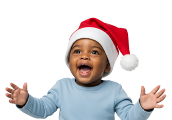 Joyful baby wearing a santa hat isolated on transparent background