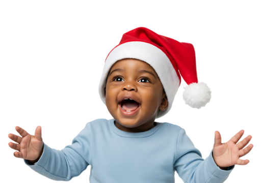 Joyful baby wearing a santa hat isolated on transparent background