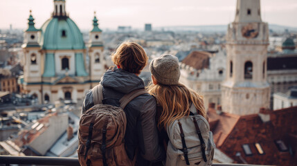 Couple is sitting on a ledge looking out over a city