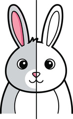 Cartoon rabbit half-colored character, gray and pink bunny with black-and-white outline side, kids coloring book page, animal drawing vector