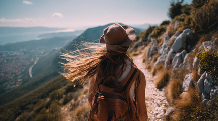Woman with long hair is walking on a path with a backpack
