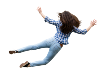 Woman in plaid shirt and jeans falling isolated on transparent background