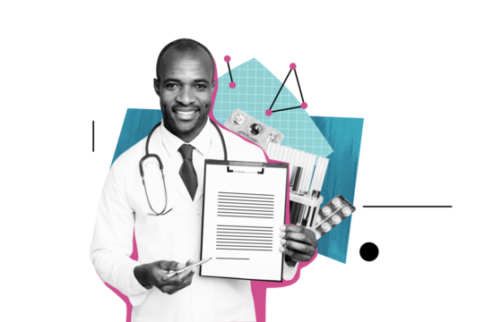 Composite photo collage of happy american doctor man hold clipboard paper prescription pen pills pharmacy isolated on painted background