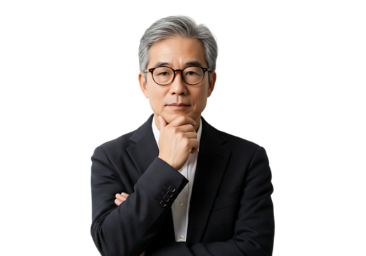 Mature asian man in suit and glasses thinking isolated on transparent background