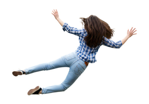Woman in plaid shirt and jeans falling isolated on transparent background - Powered by Adobe