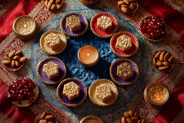 Fototapeta premium Flat lay of Diwali sweets, nuts, and lamps in symmetrical festive arrangement.