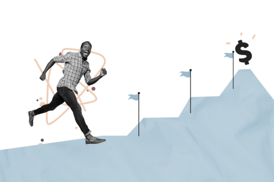 Composite photo collage of excited american guy run forward path flag promotion career development success isolated on painted background