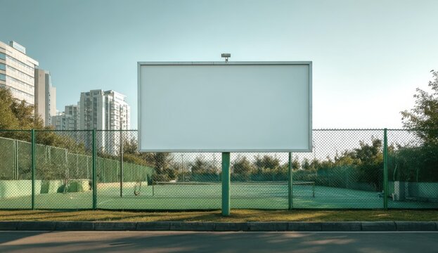 Empty outdoor sports court with a large blank billboard and cityscape