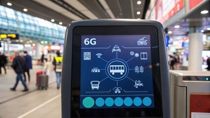 Obraz premium future mobility 6g Digital transport interface displaying various transport icons in a busy station.