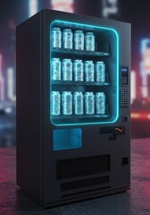 Nighttime Neon Vending Machine with Illuminated Drinks in Urban Setting