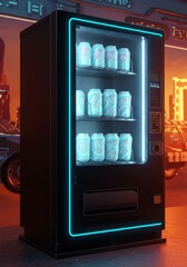 Modern Vending Machine with Illuminated Neon Frame Displaying Cans in Urban Night Setting