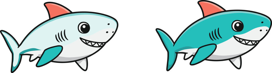 Cartoon shark character set, smiling blue sharks with red fins, cute marine animal illustration for kids, ocean-themed vector design, isolated clipart