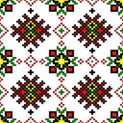 A colorful geometric cross-stitch pattern featuring symmetrical floral motifs arranged in a traditional folk textile style. Geometric pixel art seamless motifs vector. Pixel art pattern