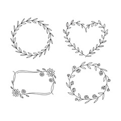 Hand-drawn Floral and Leaf Wreath Collection Vector Line Art Vintage flower branches, leaf laurel design silhouettes. Nature inspired clipart for wedding or logo.