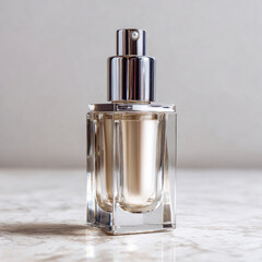 Minimalist glass perfume bottle with chrome spray cap on marble surface