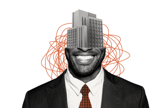 Composite photo collage of happy american businessman wear formal suit instead head building house company isolated on painted background