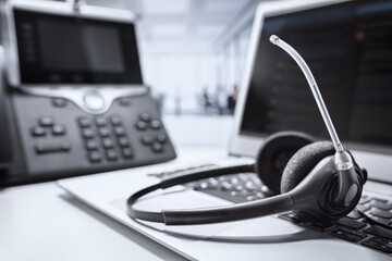 VOIP headset headphones telephone and laptop concept for communication, it support, call center and customer service help desk