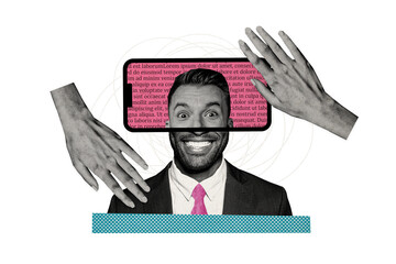 Composite photo collage of hand hold iphone device take photo half black white man face wear formal suit isolated on painted background