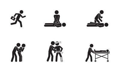 Icons of first aid procedures and emergency medical techniques CPR, Injury Treatment, and Emergency Rescue Pictograms
