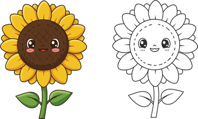 Cartoon sunflower with yellow petals, smiling brown center, and green stem, happy garden flower in color and outline version, kids coloring book page vector