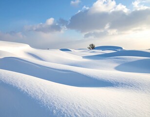 Snowy landscape, gently rippled by wind.  Clear blue sky with puffy clouds