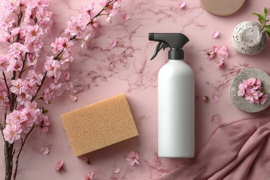 White spray bottle stands next to towels, sponge, and vase with pink cherry blossoms on a marble surface during daytime - Powered by Adobe