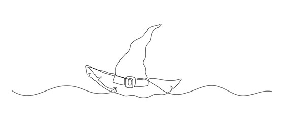 Wizard hat one continuous line illustration. Hand drawn doodle vector sketch isolated on white background. Halloween design