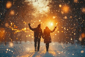 people walking in snow at sunset.