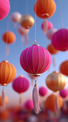 Colorful paper lanterns hanging outdoors against a bright blue sky.
