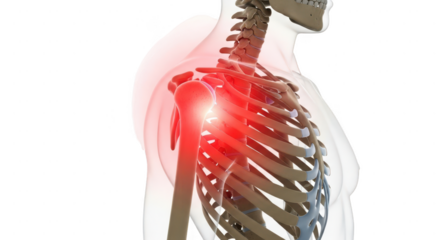Human shoulder anatomy with glowing red pain and inflammation isolated on transparent background