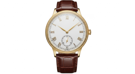 Elegant oval gold wristwatch with brown leather strap isolated on transparent background