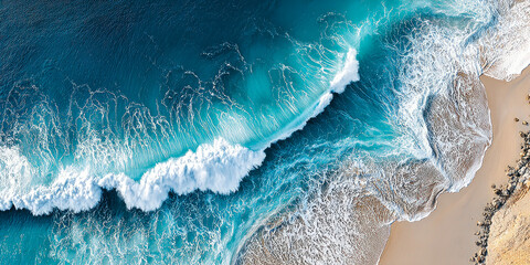 Aerial view of turquoise ocean waves crashing onto sandy beach with rocks