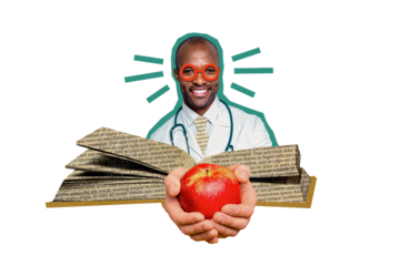 Composite photo collage of happy smile american doctor hold apple open book science nutritionist detox food isolated on painted background