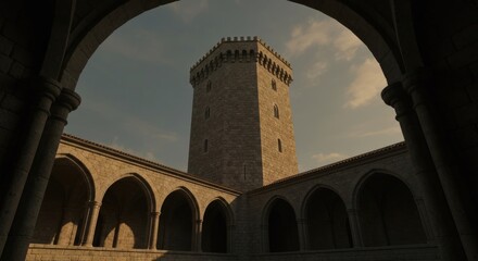 A courtyard with arched walkways frames a tall stone tower against a partly cloudy sky