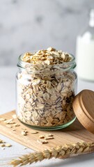 Organic Oats Flakes in Glass Jar for Premium Grain Food Object and Healthy Breakfast Concept